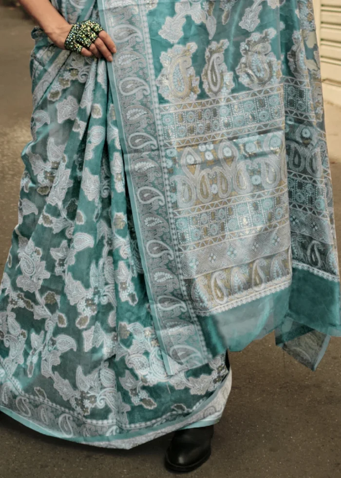 Teal Green Lucknowi Chikankari Saree