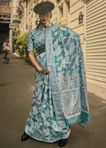 Teal Green Lucknowi Chikankari Saree