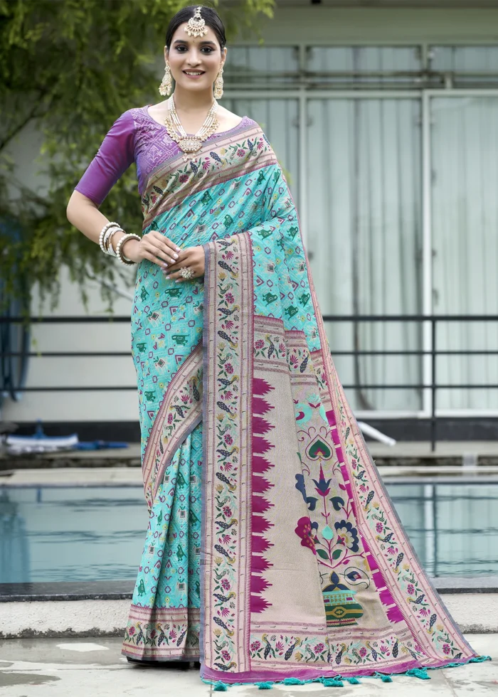 Turquoise Paithani Silk Saree