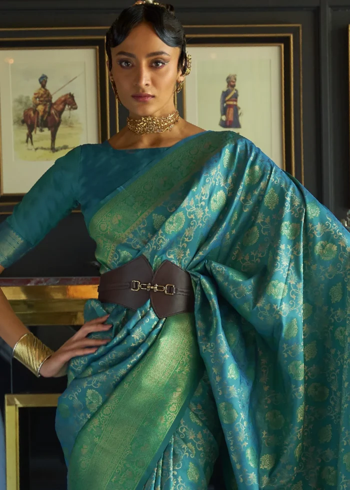 Turquoise and Green Kanjivaram Saree