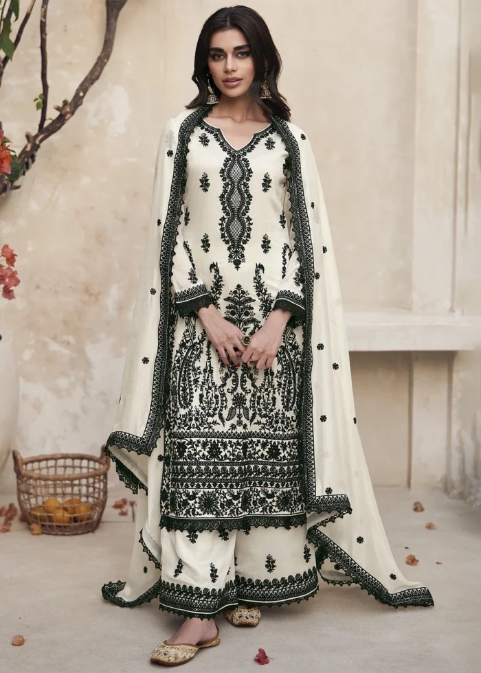 White Embroidered Palazzo Suit