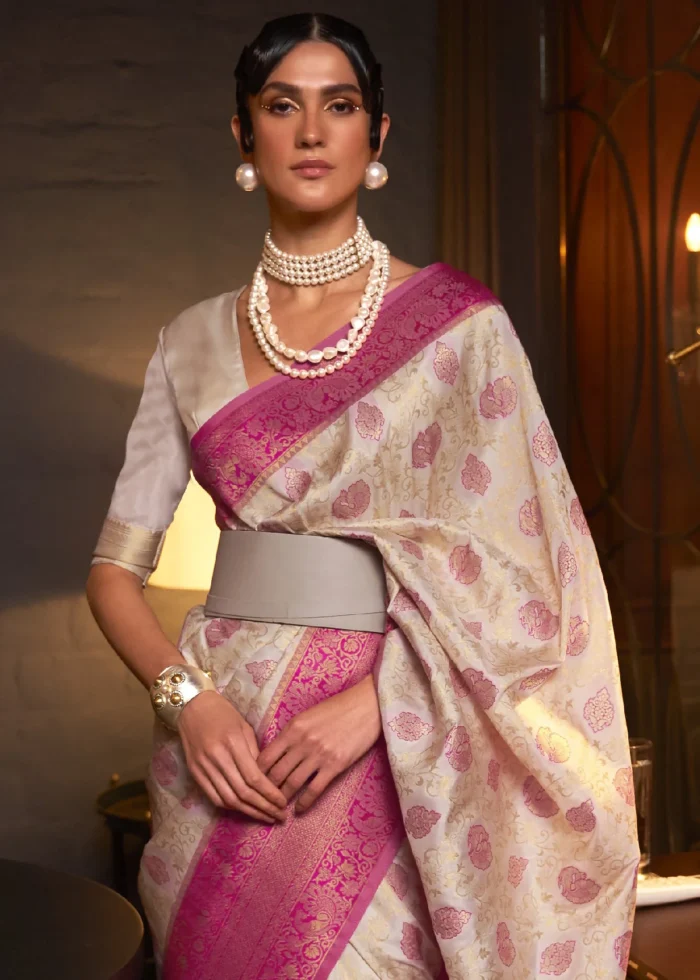 White and Pink Kanjivaram Saree