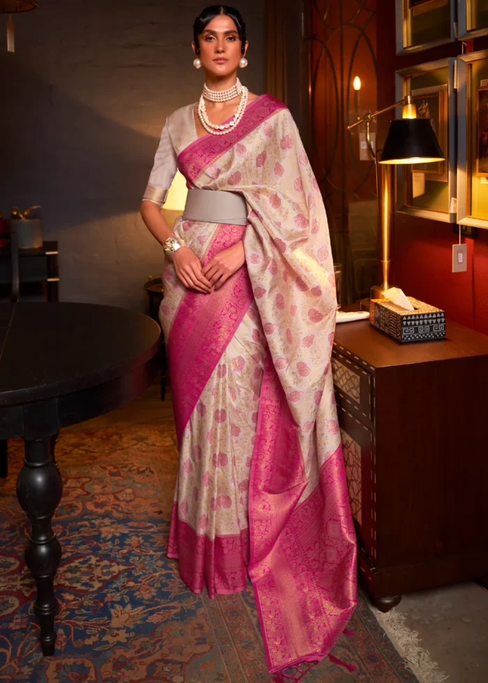 White and Pink Kanjivaram Saree