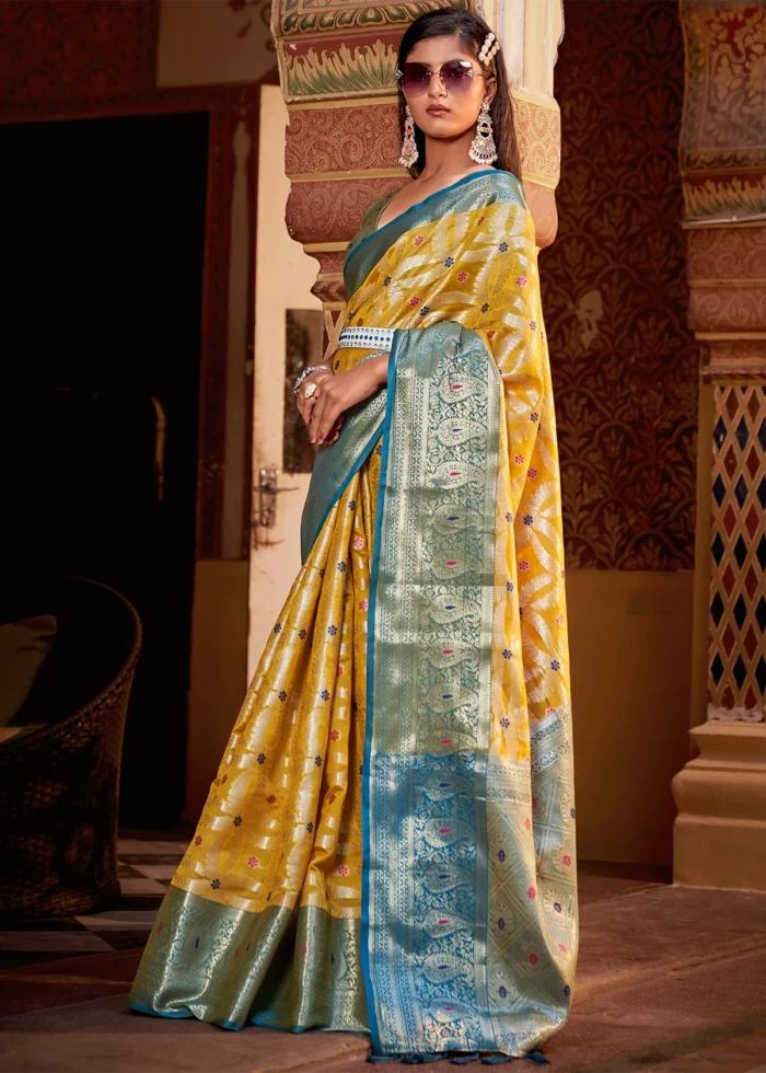 Yellow and Blue Banarasi Saree