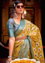 Yellow and Blue Banarasi Silk Saree