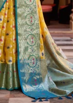 Yellow and Blue Banarasi Silk Saree