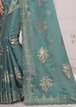 Aqua Blue Embroidered Saree