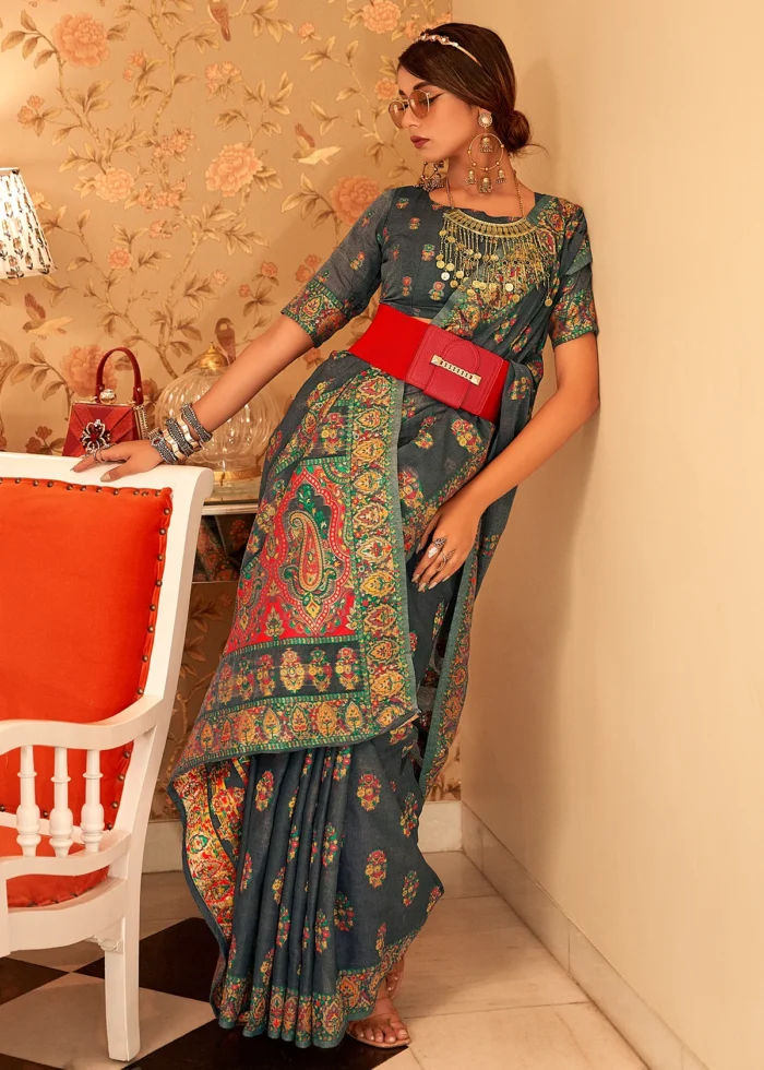 Charcoal Black Kashmiri Jamawar Saree