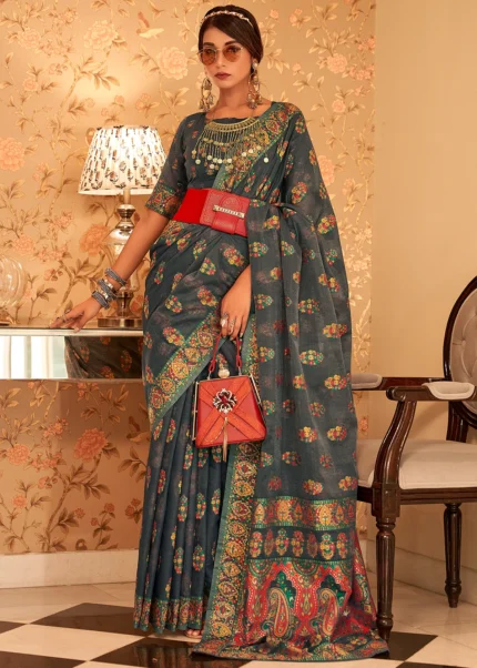 Charcoal Black Kashmiri Jamawar Saree