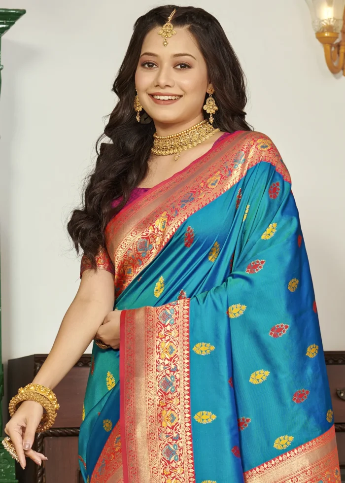 Cyan Blue Banarasi Saree