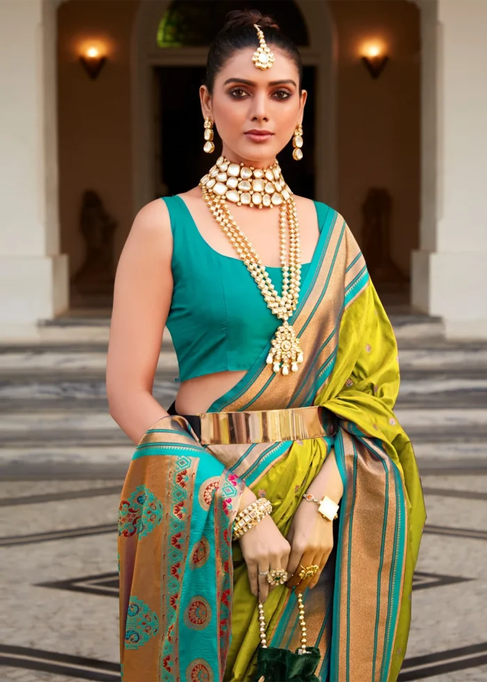 Lime Green Paithani Silk Saree