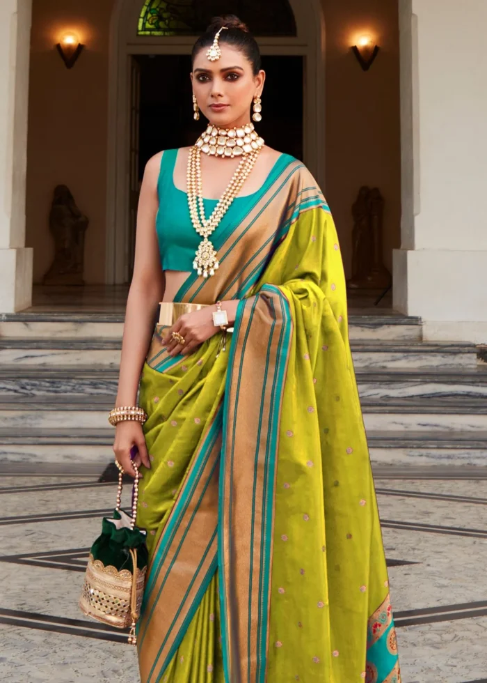 Lime Green Paithani Silk Saree