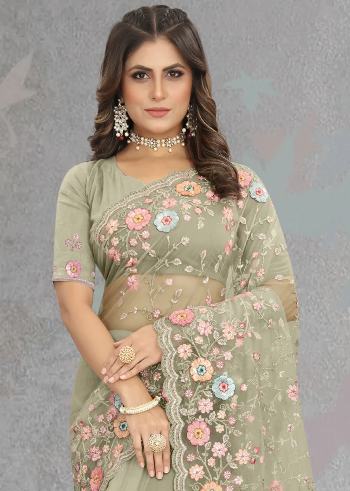 Olive Green Embroidered Saree