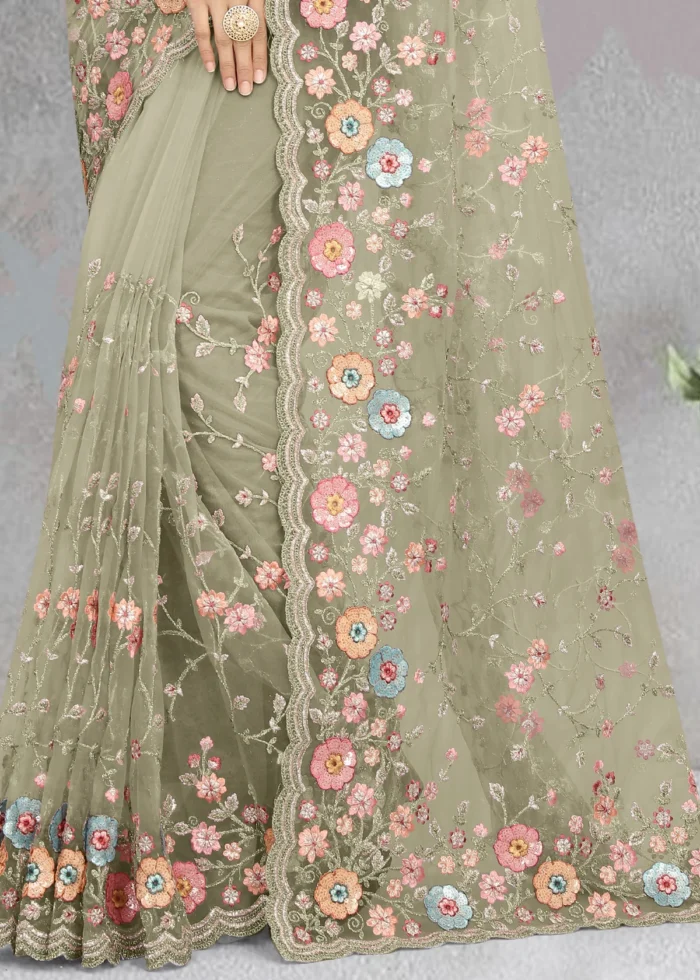 Olive Green Embroidered Saree