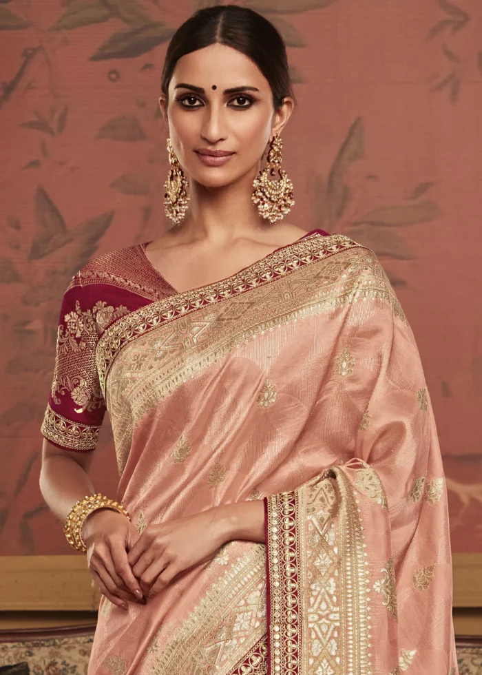 Peachy Pink Banarasi Saree