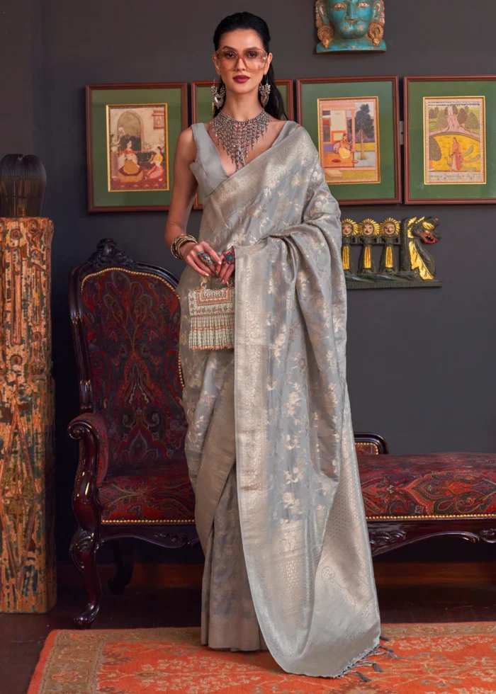 Silver Gray Banarasi Saree