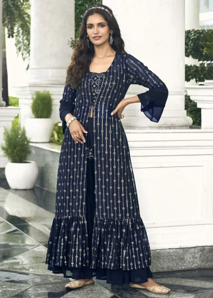 Steel Blue Crop Top Sharara with Shrug