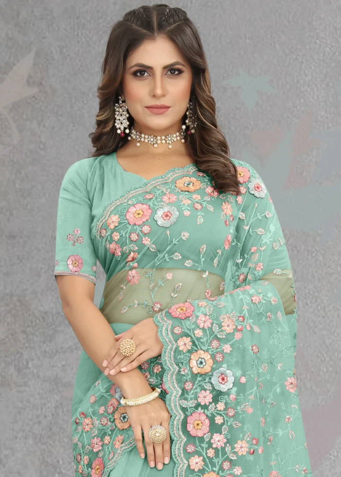 Turquoise Embroidered Saree