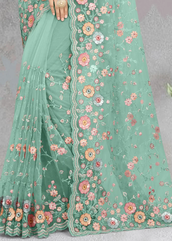 Turquoise Embroidered Saree