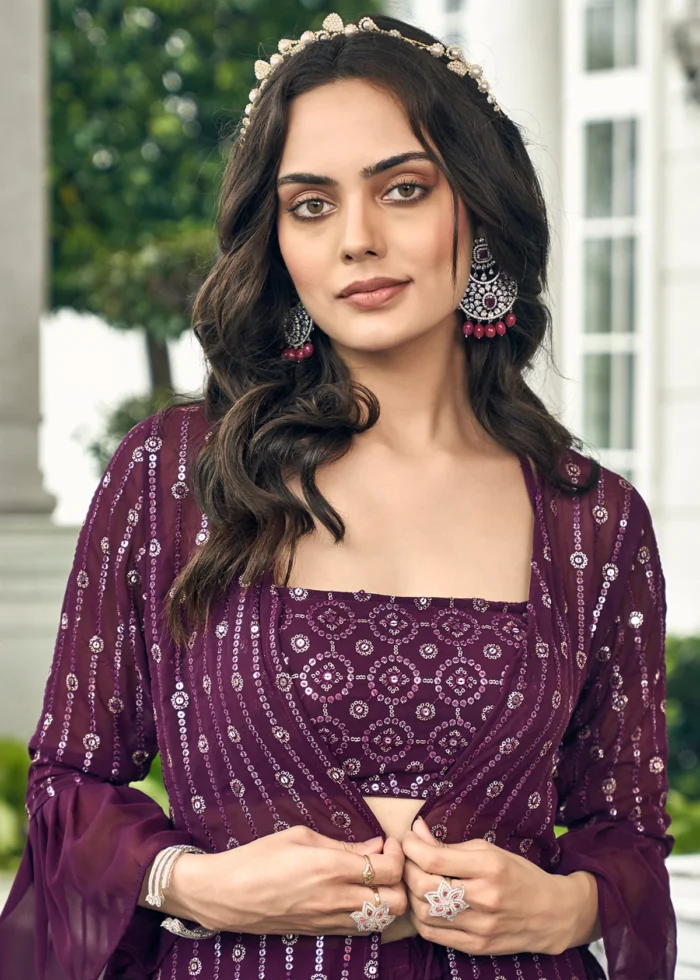 Wine Purple Crop Top Sharara with Shrug