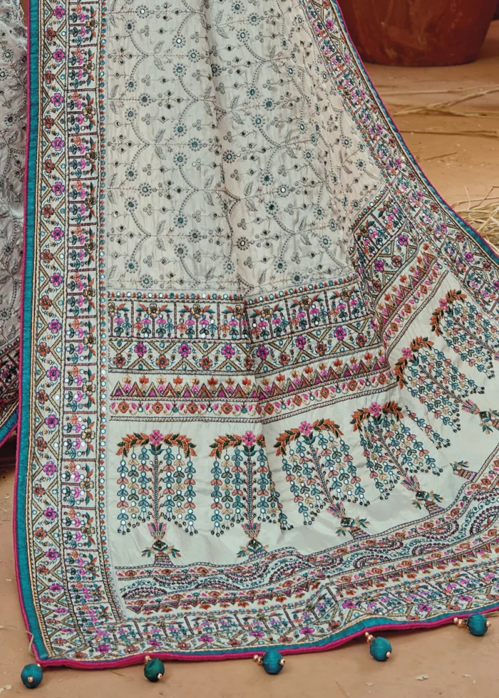 Ash Gray Embroidered Saree with Kacchi Work