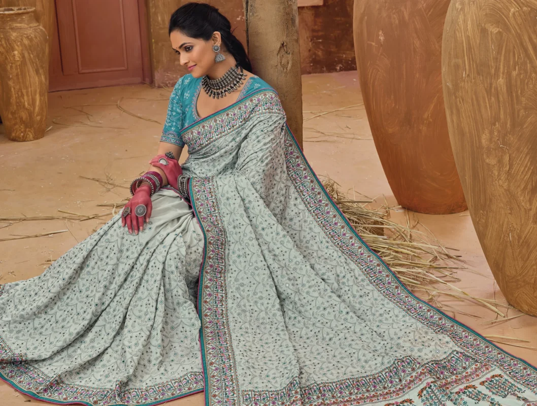 Ash Gray Embroidered Saree with Kacchi Work