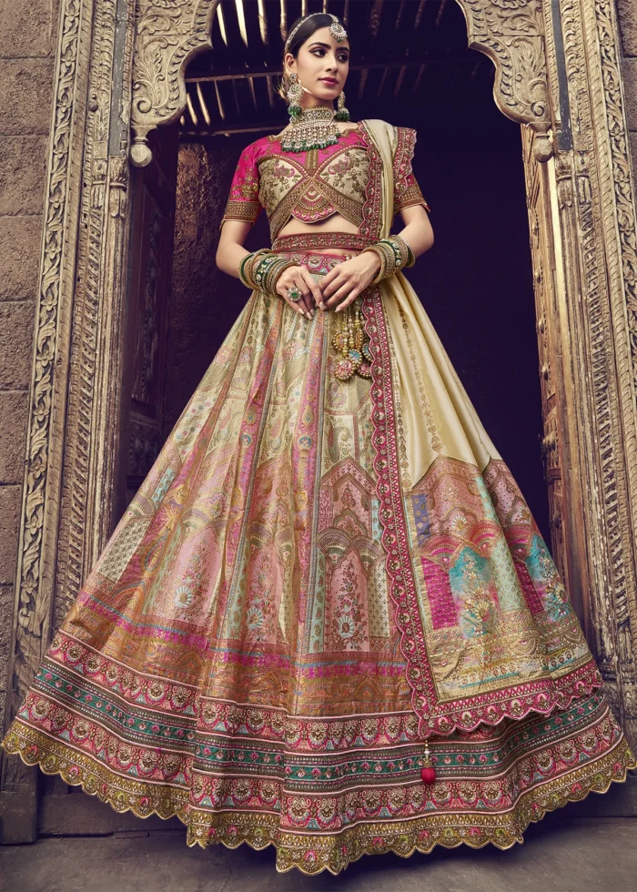 Beige and Pink Banarasi Lehenga