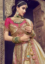 Beige and Pink Banarasi Lehenga