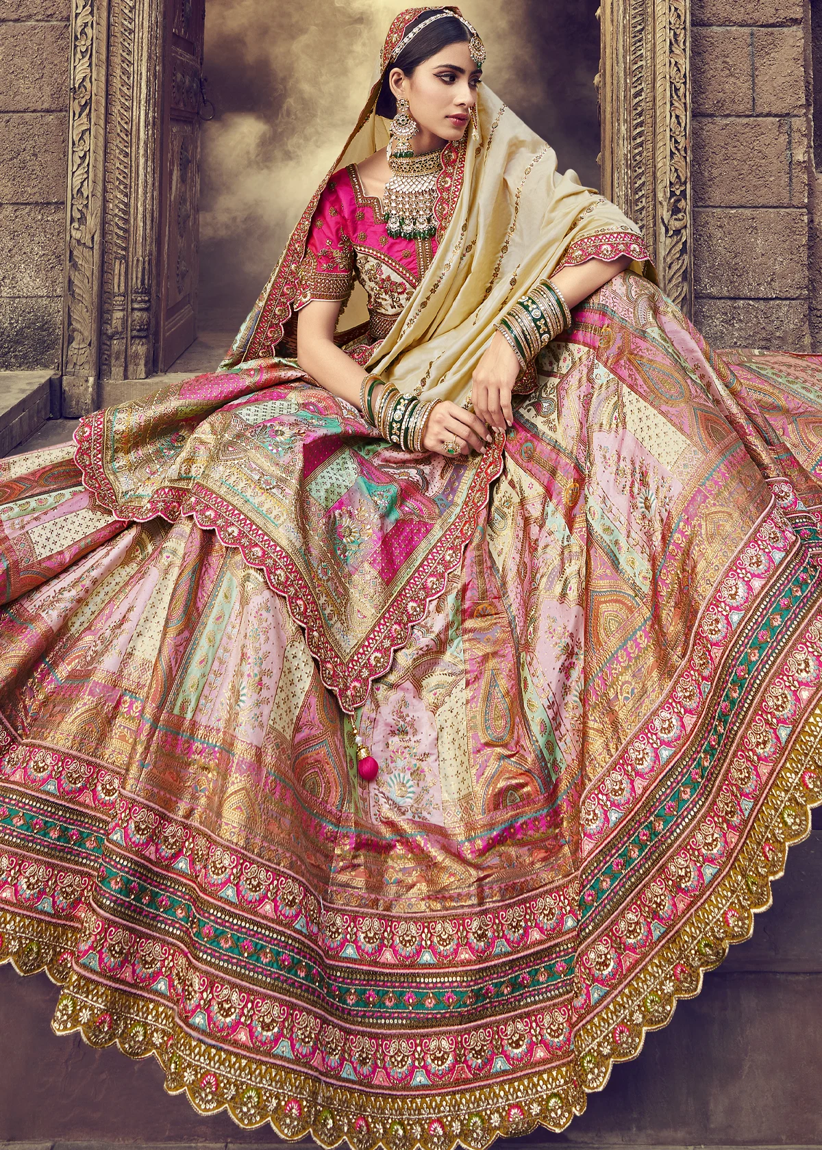 Beige and Pink Banarasi Lehenga