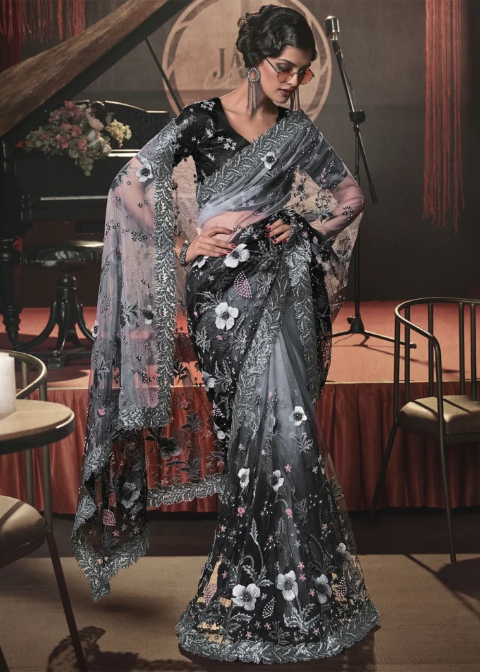 Black Embroidered Net Saree