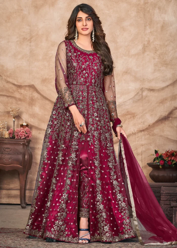 Burgundy Net Anarkali with Heavy Embroidery