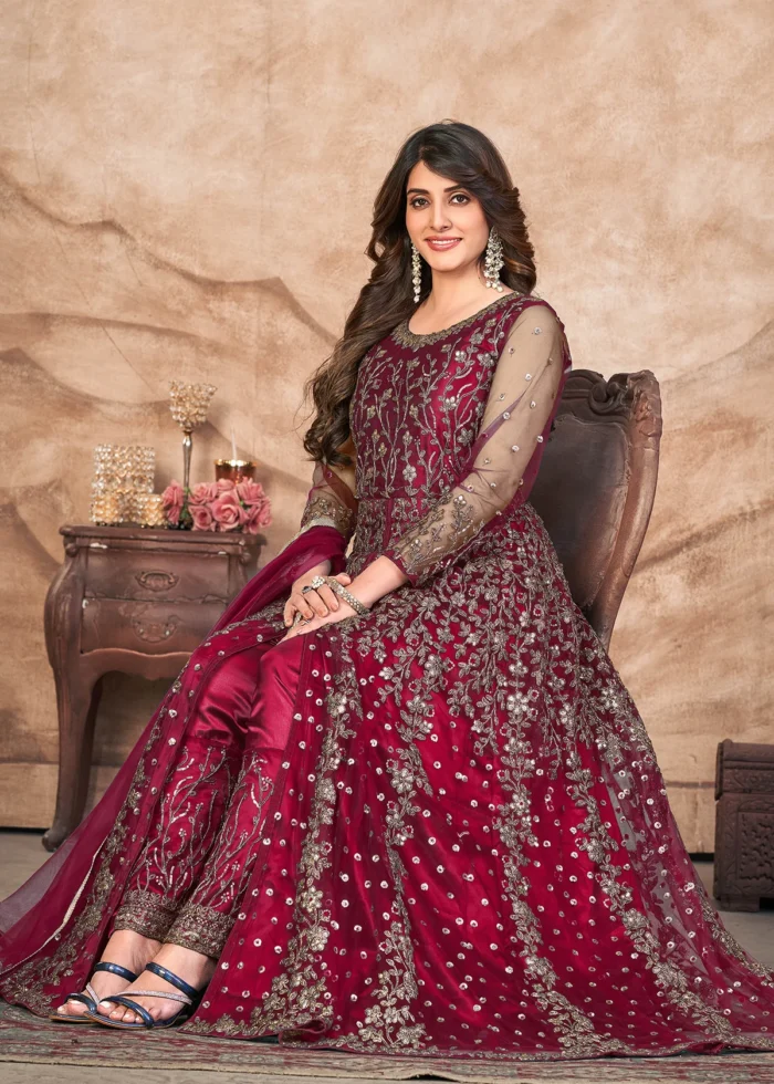 Burgundy Heavy Embroidery Anarkali