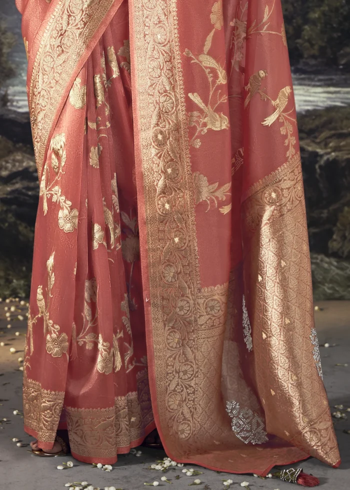 Coral Peach Banarasi Saree