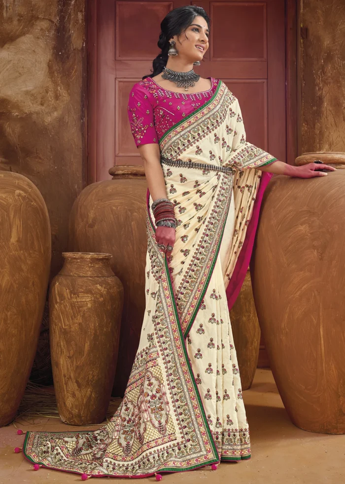 Cream Embroidered Saree with Kacchi Work