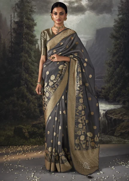 Dark Gray Banarasi Saree