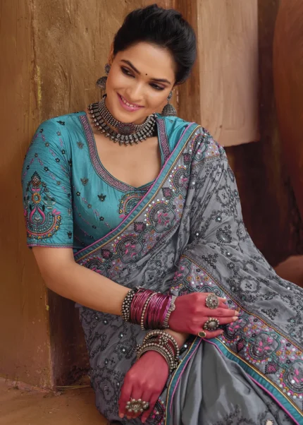 Dark Gray Embroidered Saree