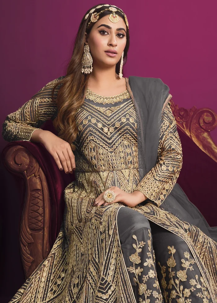 Dark Gray Heavy Embroidery Anarkali