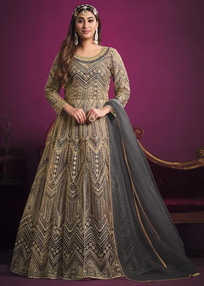 Dark Gray Heavy Embroidery Anarkali