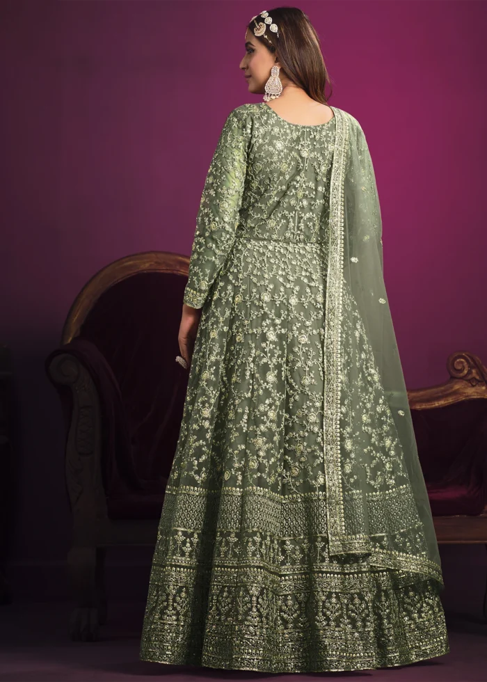 Dusty Green Heavy Embroidery Anarkali