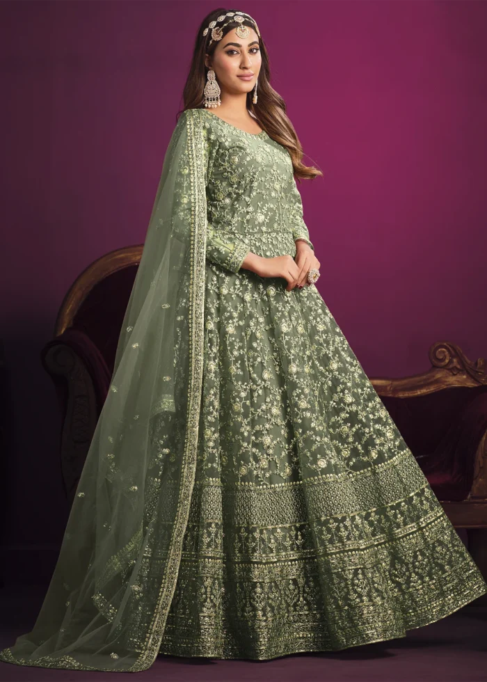 Dusty Green Heavy Embroidery Anarkali