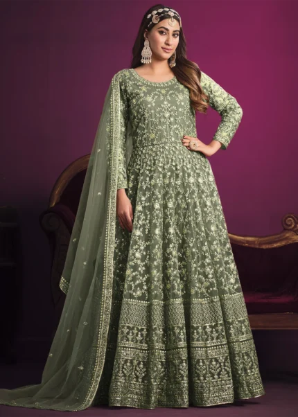 Dusty Green Heavy Embroidery Anarkali