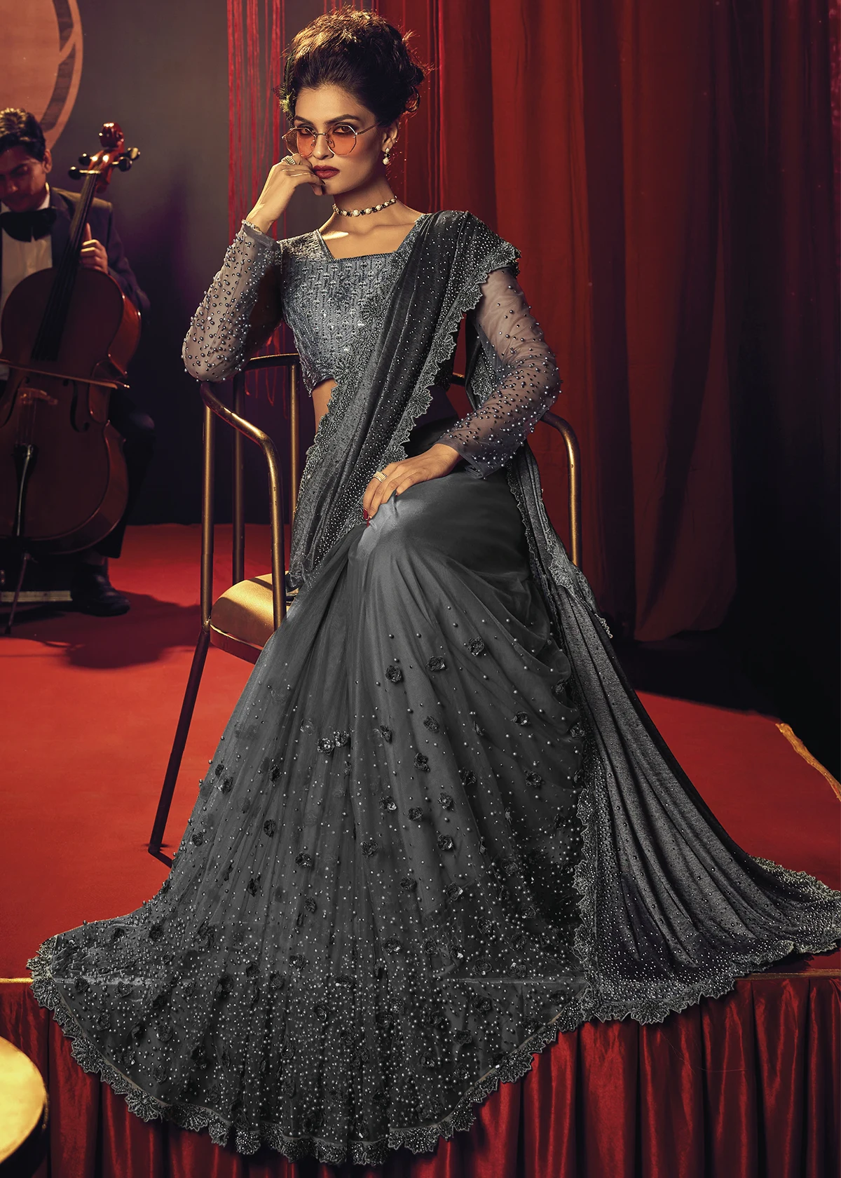 Gray Designer Saree with Heavy Work