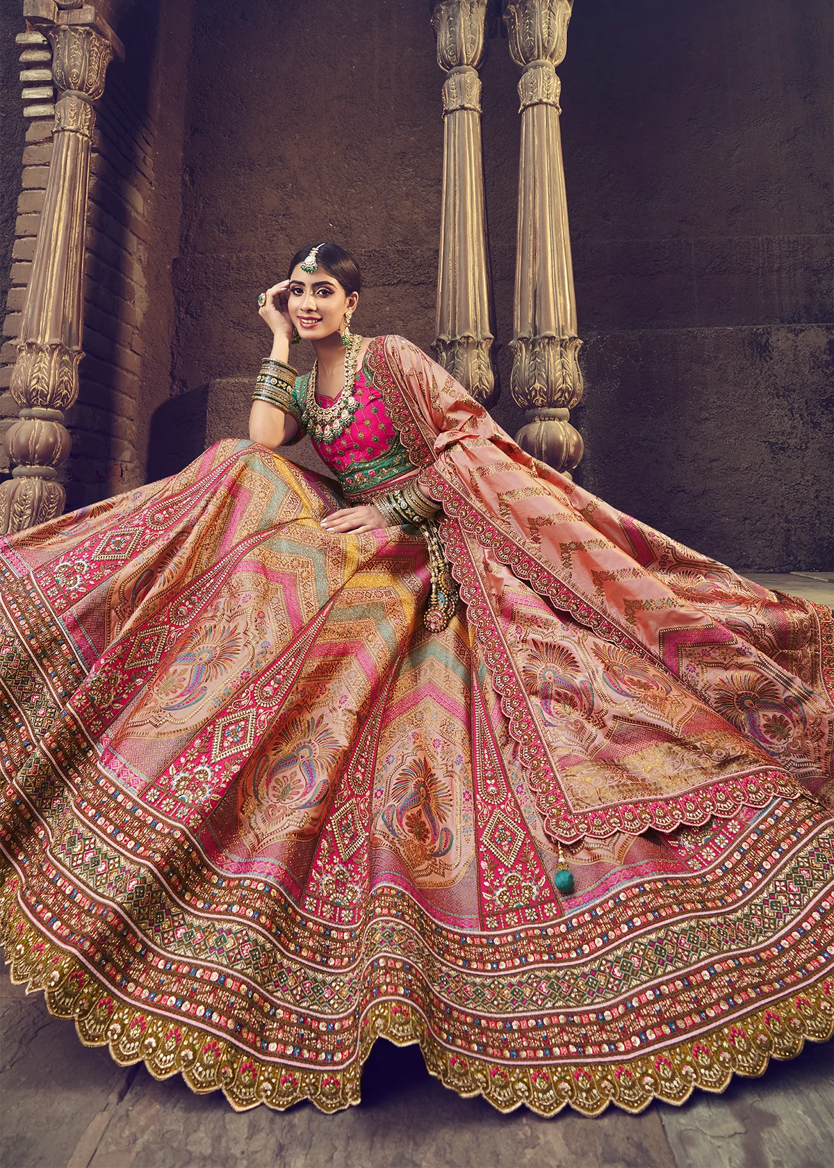 Green and Pink Banarasi Lehenga