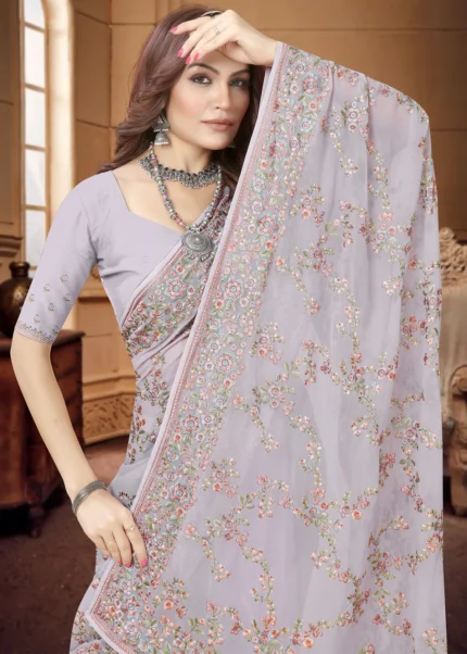 Light Purple Embroidered Saree