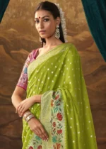 Lime Green Paithani Silk Saree