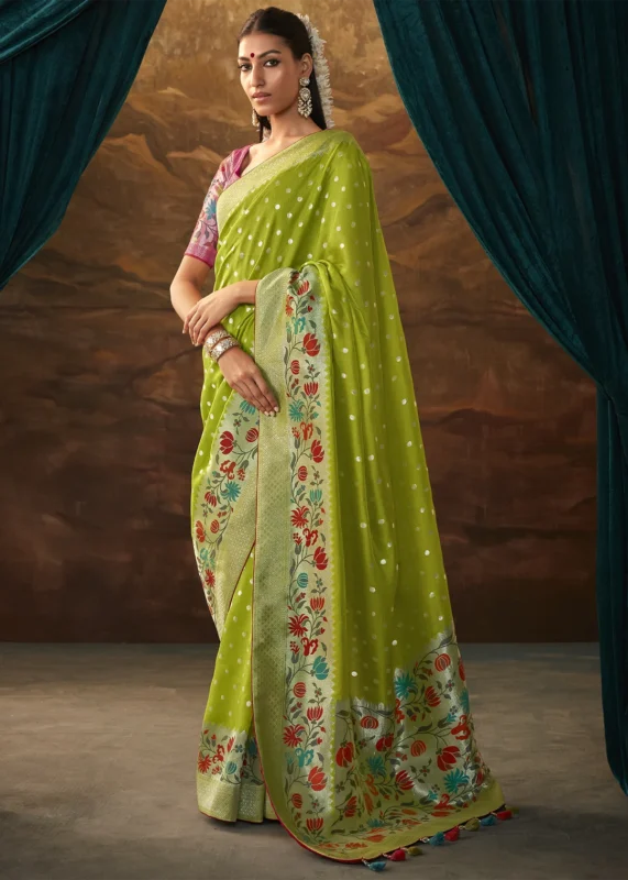 Lime Green Paithani Silk Saree