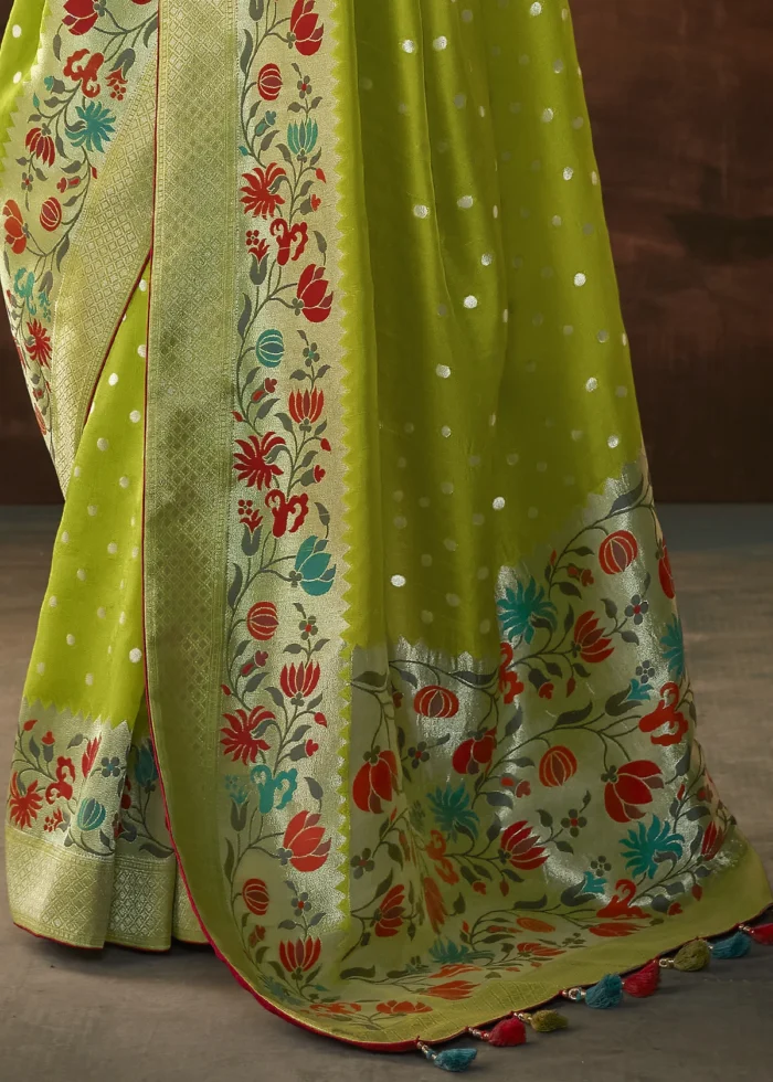 Lime Green Paithani Silk Saree