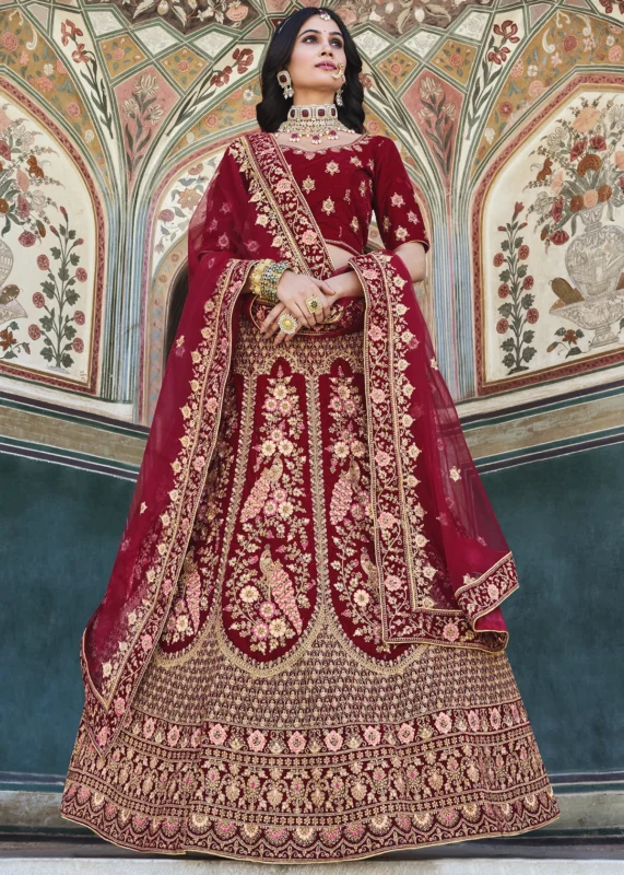 Maroon Velvet Lehenga