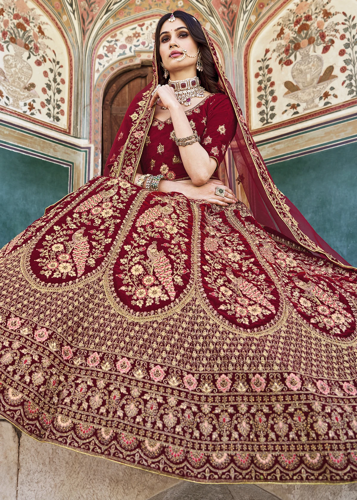 Maroon Velvet Lehenga