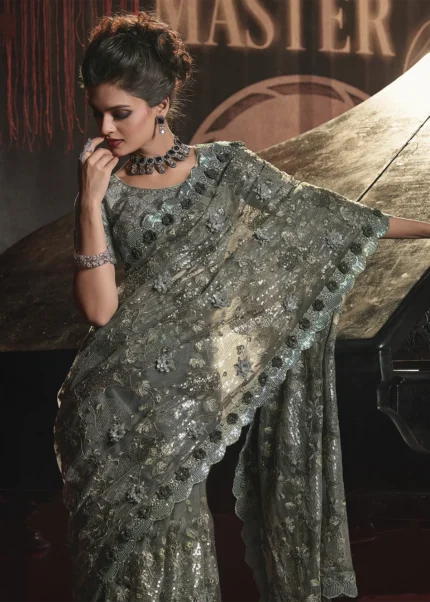 Mehndi Green Embroidered Net Saree